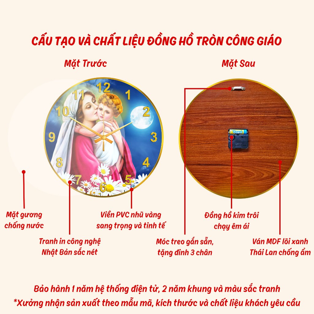 Đồng Hồ Treo Tường Công Giáo, Kim Trôi 30cm 35cm 40cm, Quà Tặng, Decor Trang Trí Phòng CĐHTCG-01