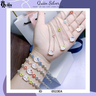 Bộ trang sức bạc ta, bạc S925 Quiin - Dây chuyền, lắc tay hình mèo Hello Kitty sơn màu dành cho bé gái 0523EA