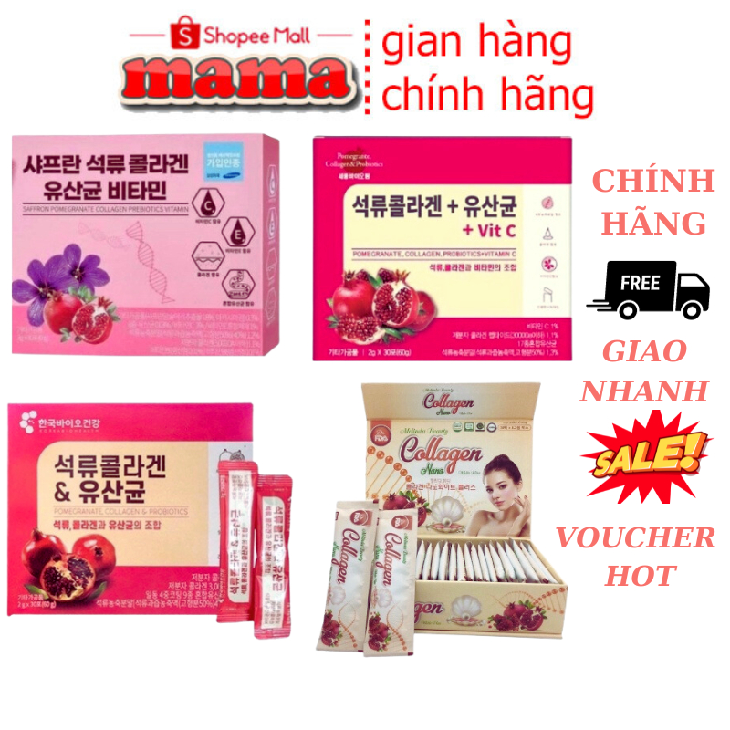 Bột Collagen Uống Lựu Đỏ Korea Bio Cell Hàn Quốc Chính Hãng 30 Gói Vitamin C (+Vit C) Lựu Nano, Nghệ Tây