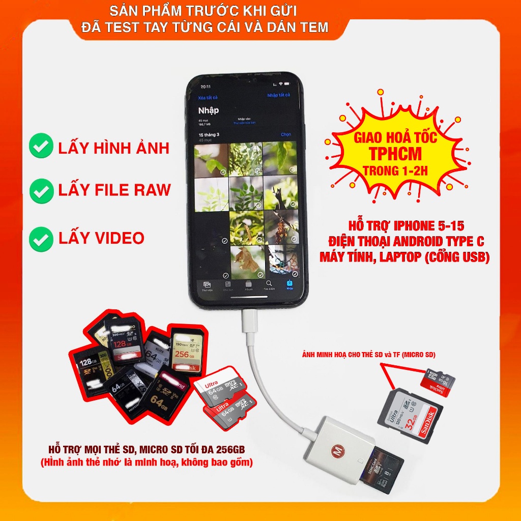 Đầu đọc thẻ nhớ SD, TF lấy ảnh từ máy ảnh sang điện thoại di động