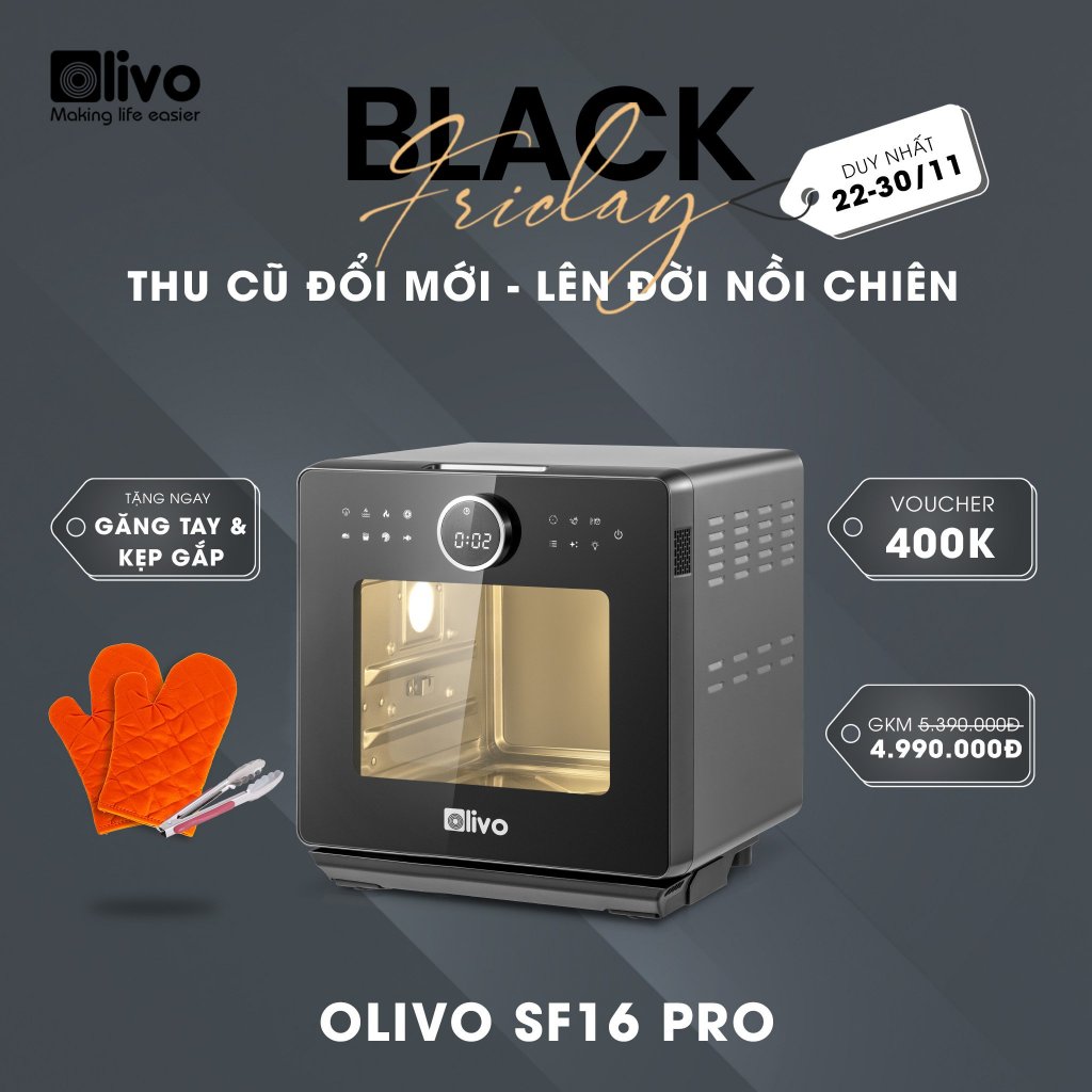Nồi Chiên Hơi Nước OLIVO SF16 PRO – 56 Chức Năng – Dung Tích 16L – Phụ Kiện Trục Xiên Quay –