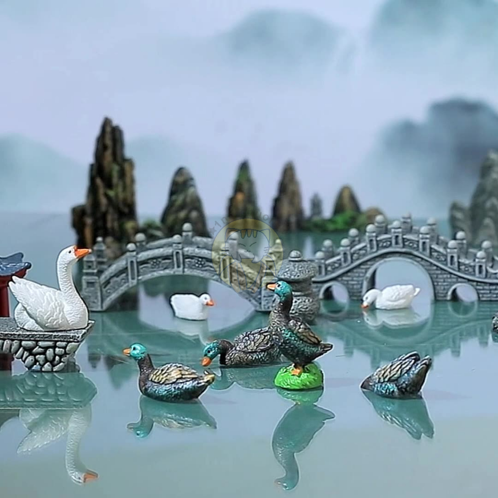 Mô hình tiểu cảnh sông nước Giang Nam (thiên nga, vịt trời, cầu đá, non bộ) trang trí terrarium, bonsai, DIY