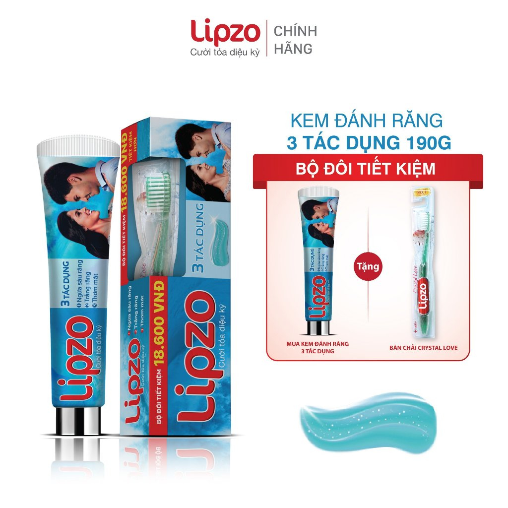 Combo Kem Đánh Răng Lipzo 3 Tác Dụng 190g Và Bàn Chải MaxCare Ngừa Sâu Răng, Trắng Răng, Thơm Miệng