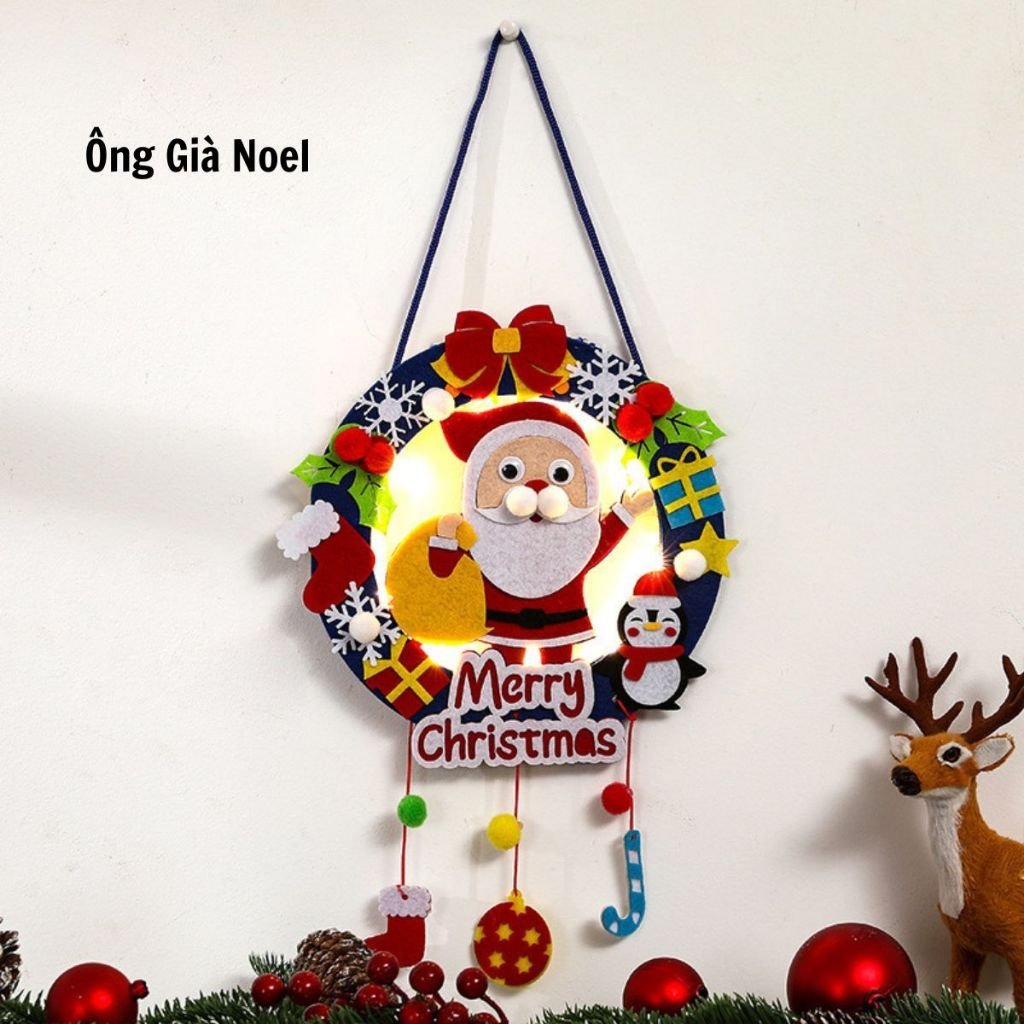 Vòng hoa trang trí giáng sinh kèm đèn led/bằng vải nỉ DIY