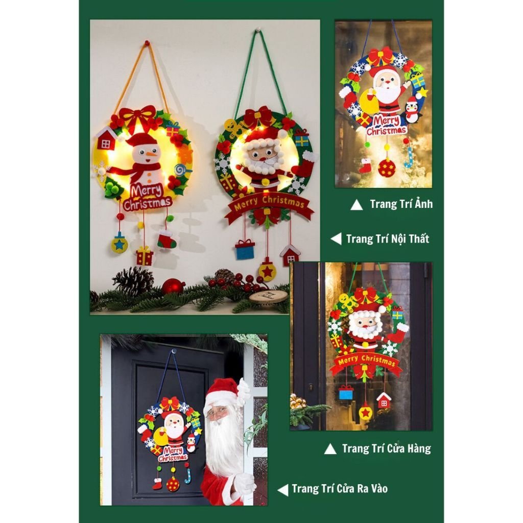 Vòng hoa trang trí giáng sinh kèm đèn led/bằng vải nỉ DIY