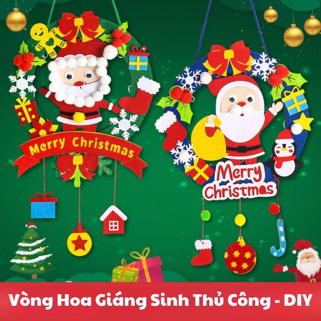 Vòng hoa trang trí giáng sinh kèm đèn led/bằng vải nỉ DIY