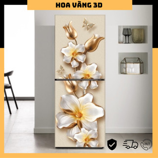Decal dán tủ lạnh phong thủy hoa vàng 3d