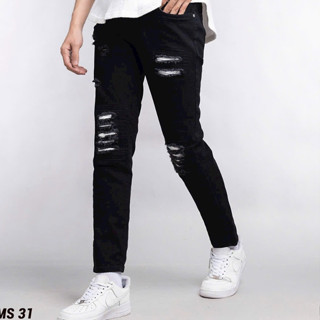 quần bò jean nam dài đen rách gối vá da trắng mẫu mới đẹp,chất jean mềm co giãn tốt chuẩn form ĐƯỢC KIỂM
