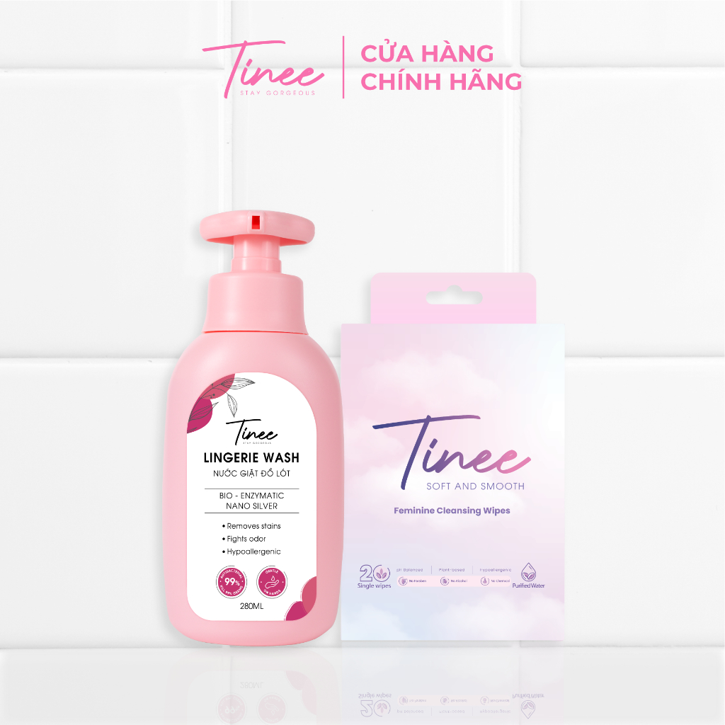 Combo 1 nước giặt đồ lót và 1 hộp 20 gói khăn ướt vệ sinh phụ nữ Tinee 1 tờ/gói