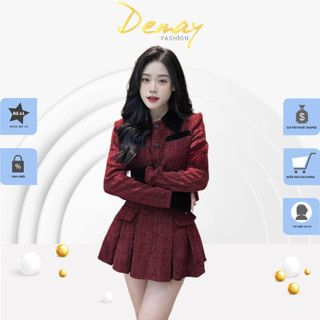 Sét dạ nữ DEMAY, áo dáng ngắn cổ đức mix chân váy xòe xếp ly trẻ trung