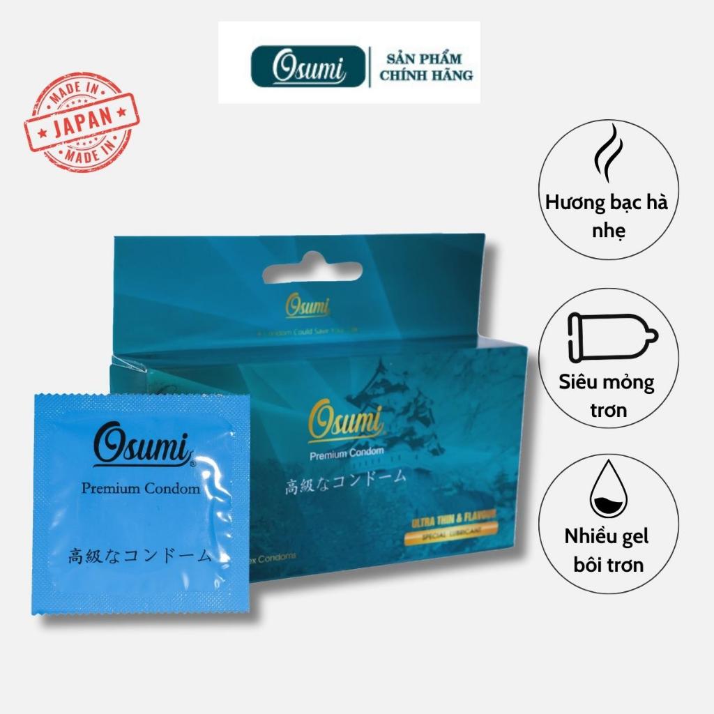 Bao cao su Osumi Nhật siêu mỏng trơn hương bạc hà nhiều gel bôi trơn size 52mm - hộp 12c