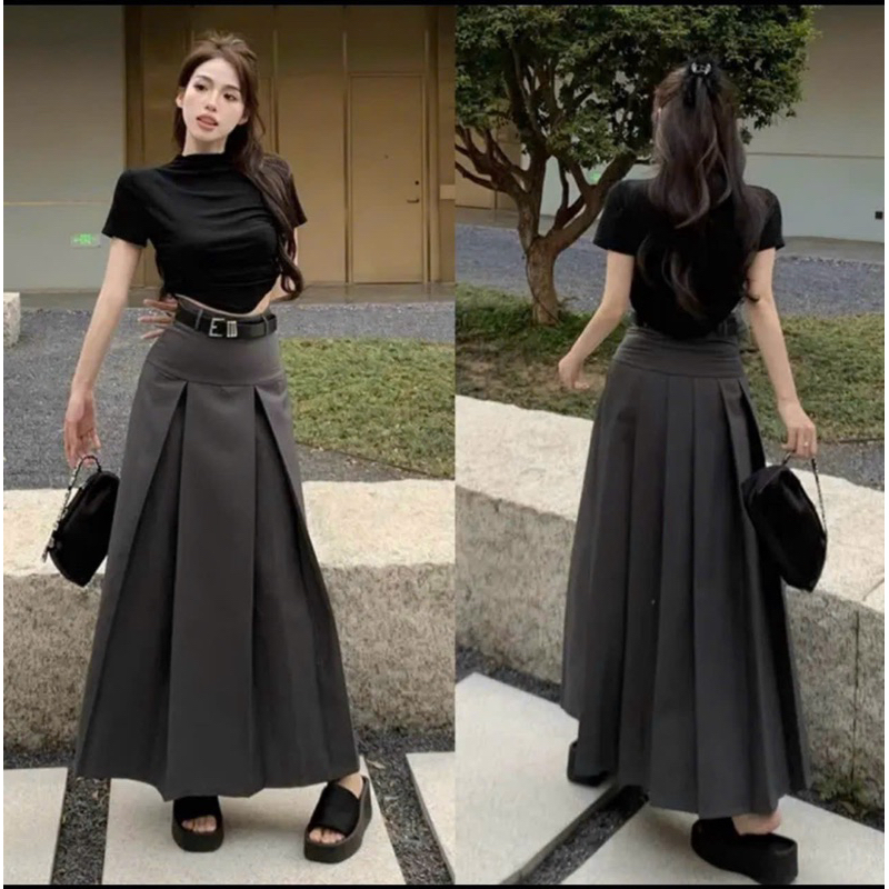 Chân váy dài xếp ly màu đen- ghi lên form xinh xắn