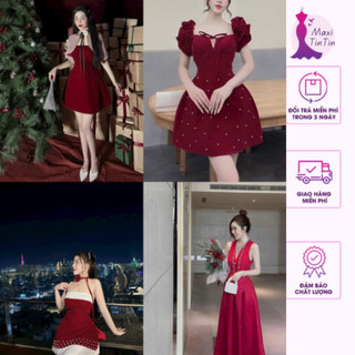 [Đầm Tiệc] Set Đầm Váy Nhung Chụp Concept Noel Tết Màu Đỏ May Mắn Phong Cách Tiểu Thư Dễ Thương-MaxiTinTin