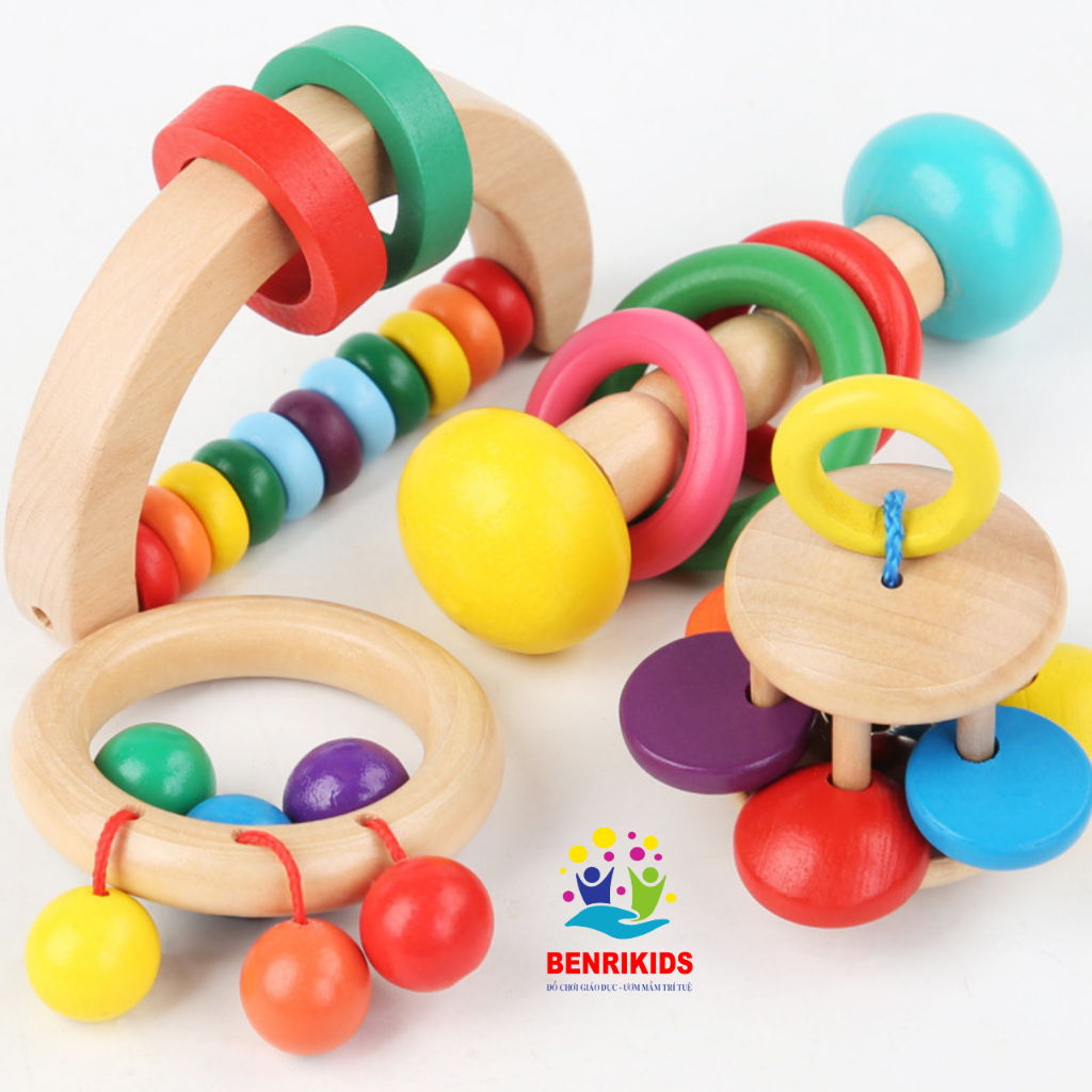 Combo Đồ Chơi Sơ Sinh Lục Lạc Xúc Xắc Benrikids Gỗ Sồi Cho Bé Phát Triển Các Giác Quan Và Tập Cầm Nắm