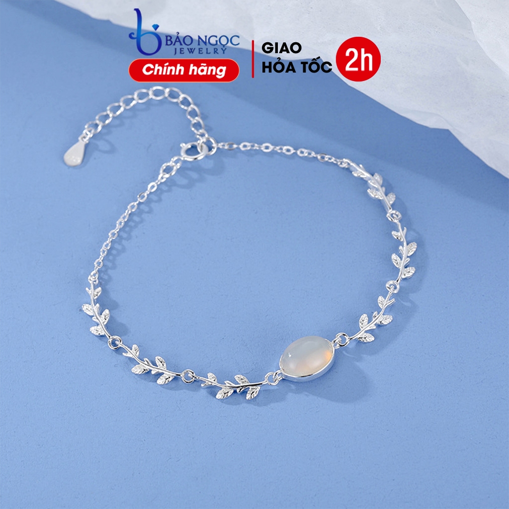 Lắc tay bạc nữ S925 họa tiết nhành lá mềm mại mix đá Moonstore LT2770 - Bảo Ngọc Jewelry