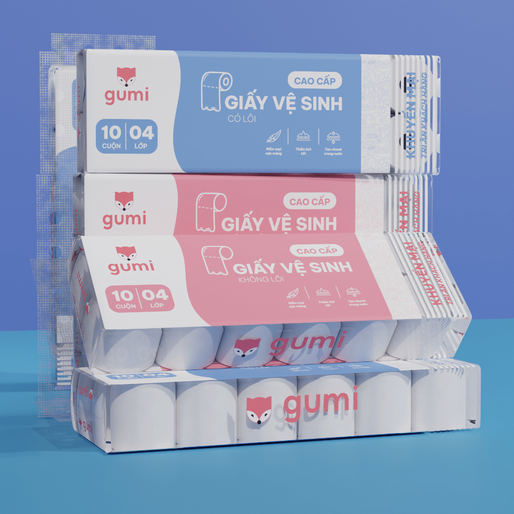 Set 10 cuộn giấy vệ sinh Gumi cao cấp bịch 4 lớp dày dặn, mềm mịn.