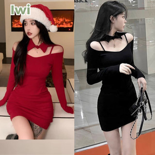 Đầm Body Tay Dài IWI SHOP Hai Dây Trễ Vai Kèm Cổ Sơ Mi Rời Mặc Được 2 Kiểu Chất Thun Tăm Loại 1 - BD066.IW