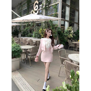 Set dạ nữ áo váy sang chảnh dài tay màu hồng chân váy chữ a thiết kế độc đáo tiểu thư hàn quốc đi ăn tiệc cưới du lịcà