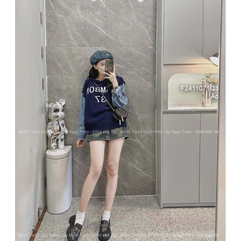 Áo len có nón pha tay jean dài 1123 thaotranshop90