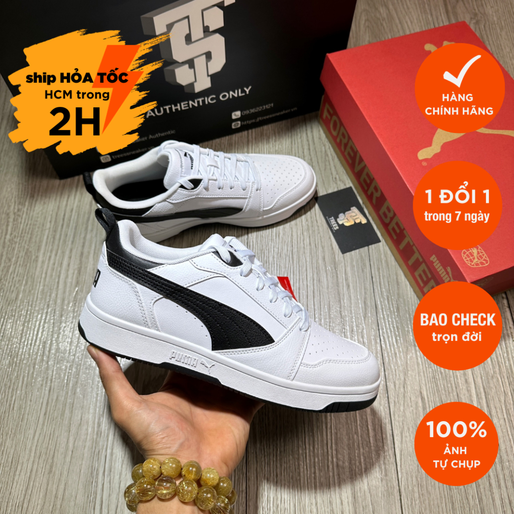 Giày thể thao PUMA REBOUND V6 LOW WHITE BLACK 392328 02 Full Box Tag Auth