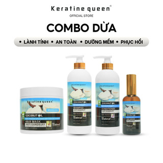 Dầu Gội, Dầu Xả, Kem Ủ, Dầu Dưỡng DỪA Ngăn Gàu Hiệu Quả Với Vitamin E, Tinh Chất Protein Collagen Keratine Queen Combo