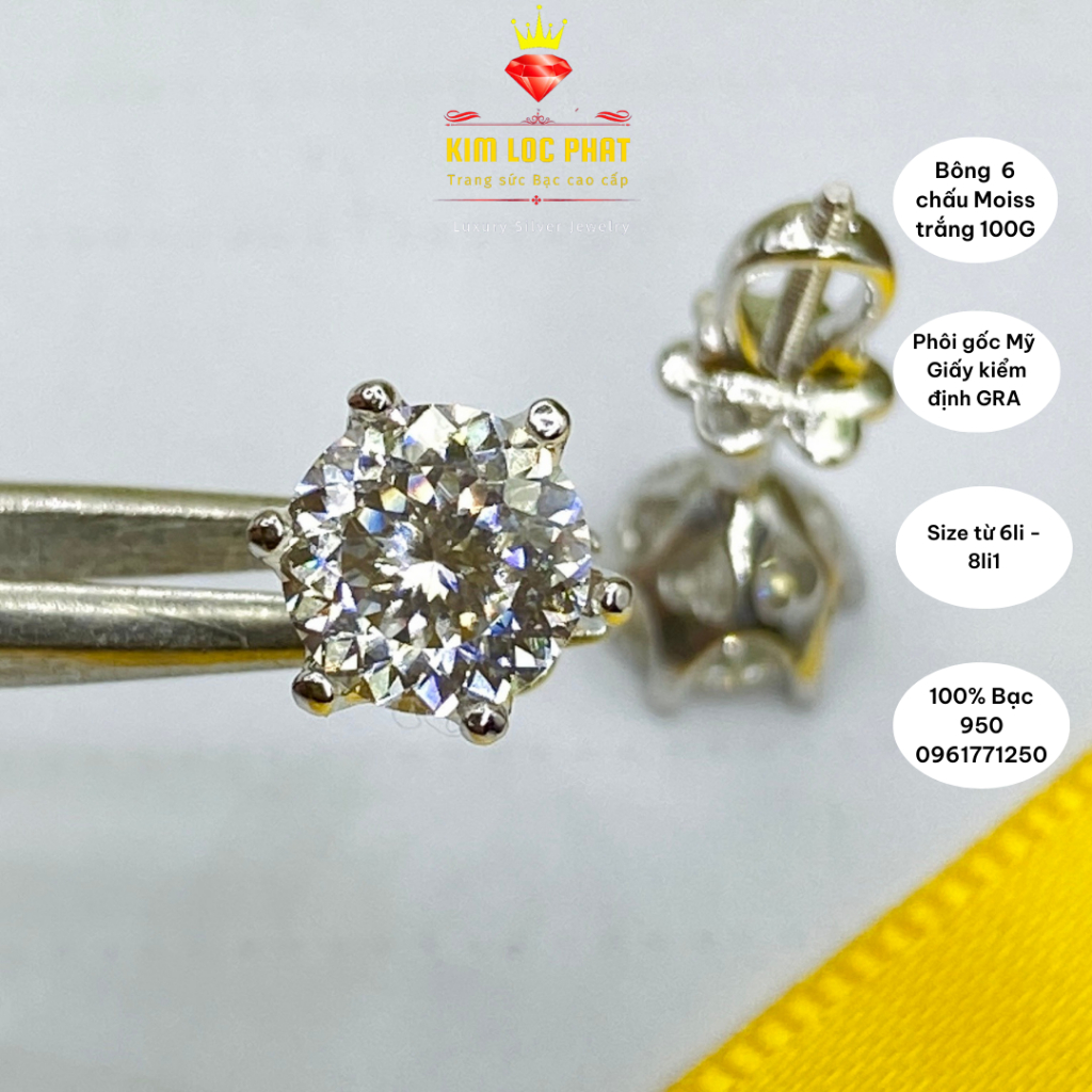 Khuyên tai bạc xi bạch kim moissanite 100 giác màu trắng từ 5mm-8.1mm, Bông tai bạc kim cương nhân tạo, có kiểm định GRA