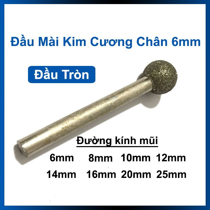 Mũi mài đá hình tròn độ nhám #64 trục 6mm đầu mài 6/8/10/12/14/16/18/20mm - mài rãnh đá bonsai - đầu mài kim cương tròn