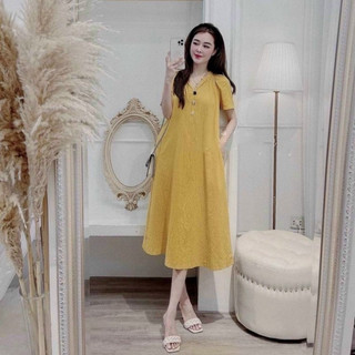Đầm suông dáng dài chất đũi xước, váy bầu thanh lịch dáng rộng màu vàng mặc đi làm thời trang
