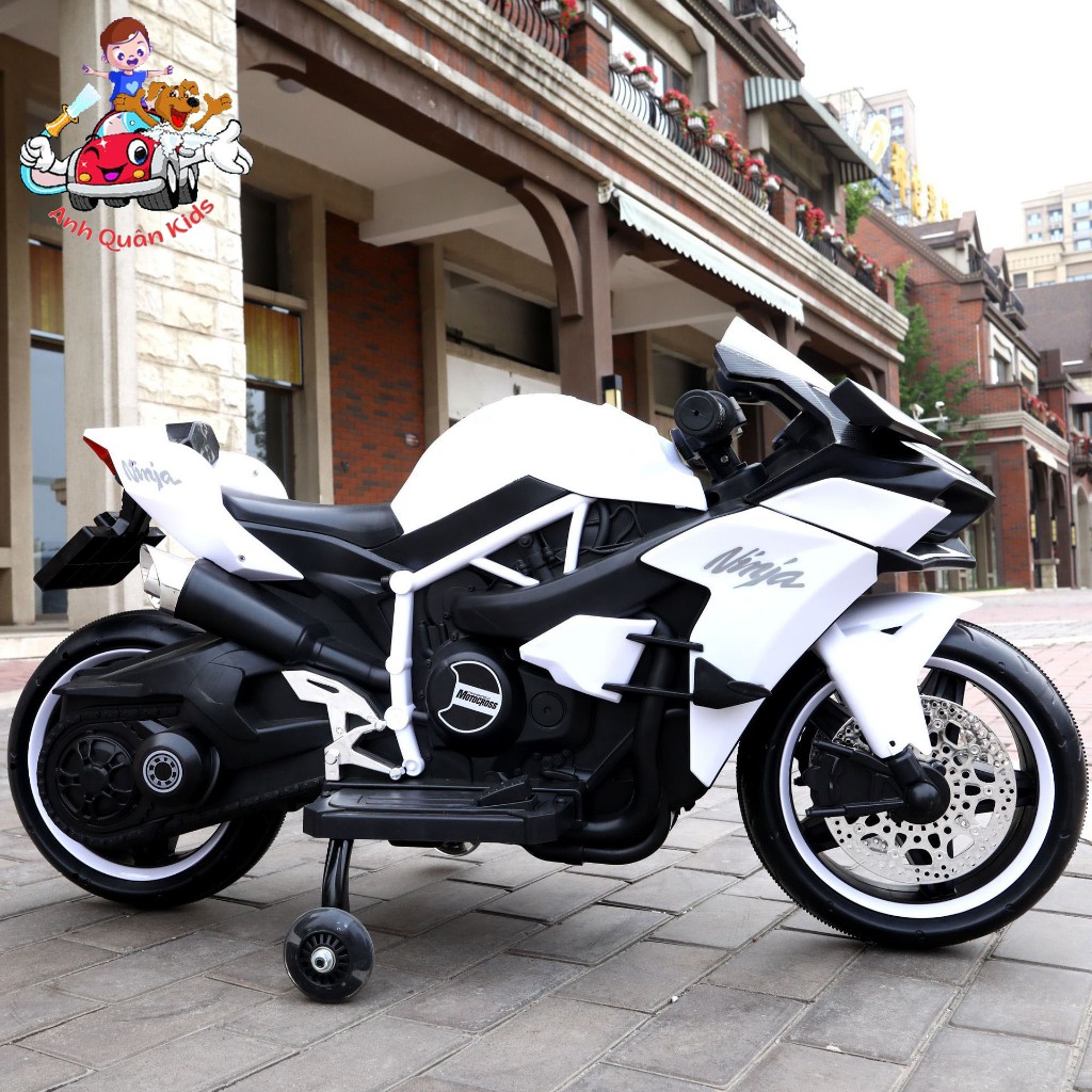 Xe máy điện trẻ em, moto điện có đèn bánh xe có chân gas tự lái cho bé mẫu Ninja H2r Anh Quân Kids