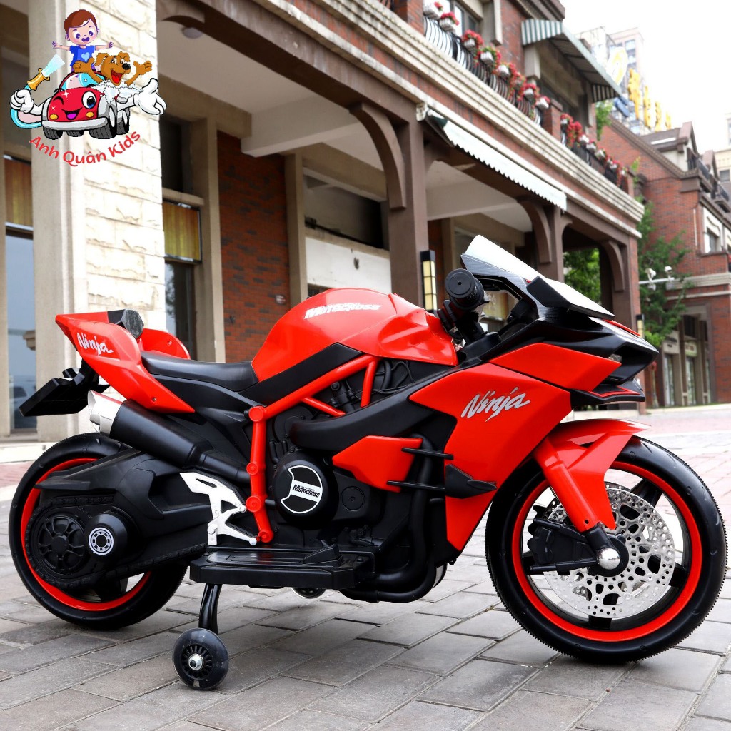 Xe máy điện trẻ em, moto điện có đèn bánh xe có chân gas tự lái cho bé mẫu Ninja H2r Anh Quân Kids