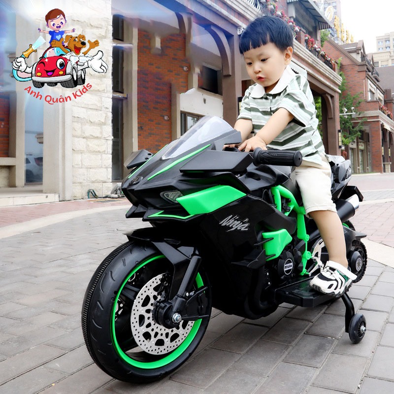 Xe máy điện trẻ em, moto điện có đèn bánh xe có chân gas tự lái cho bé mẫu Ninja H2r Anh Quân Kids