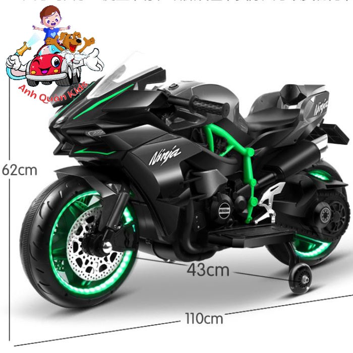 Xe máy điện trẻ em, moto điện có đèn bánh xe có chân gas tự lái cho bé mẫu Ninja H2r Anh Quân Kids
