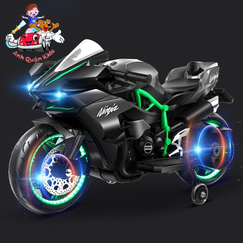 Xe máy điện trẻ em, moto điện có đèn bánh xe có chân gas tự lái cho bé mẫu Ninja H2r Anh Quân Kids