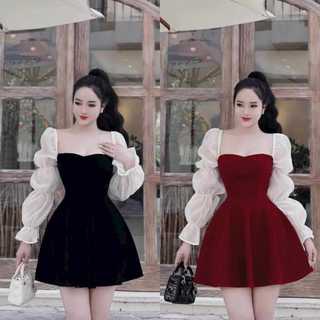 Đầm nữ nhung phối tơ tay phồng dài voan tiểu thư dự tiệc