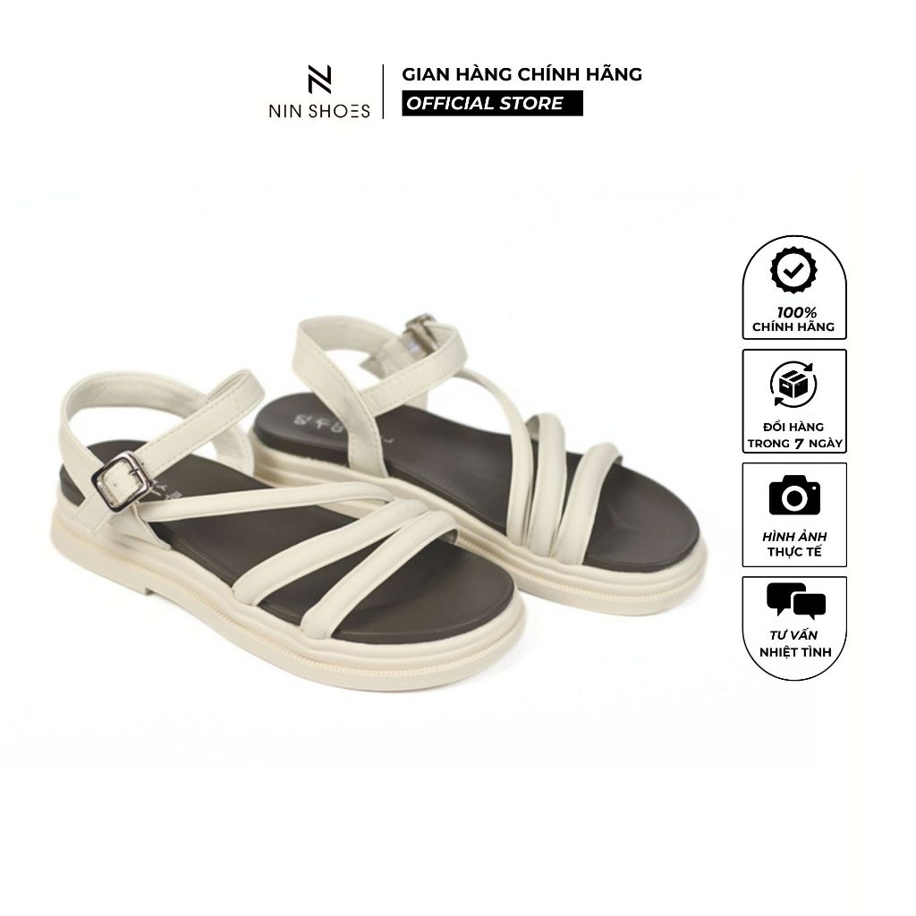 Dép đế bằng 4 cm Ninshoes mũi tròn dây đan chéo quai ngang khoá cài hông