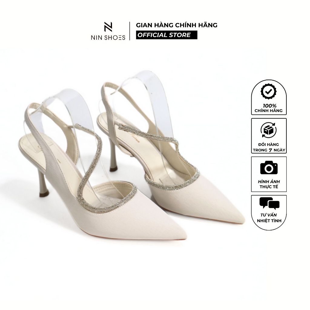Cao gót Ninshoes gót nhọn 9cm mũi nhọn hở gót viền đính đá mũi trước vắt chéo tới mắt cá