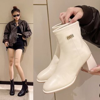 Giày boot nữ mm cao gót 7p đế vuông, boot lửng nữ thời trang hoạ tiết mm khoá kéo sau, boot da lót nhung!