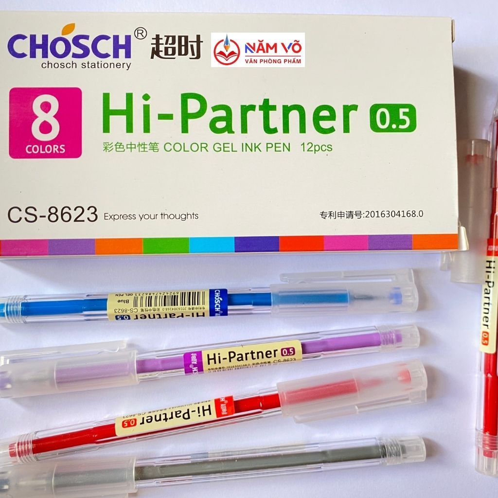 HỘP 12 Cây Bút Viết Gel Nước Chosch Hi-Partner CS-8623 / 8623 Ngòi 0.5mm (Mực Xanh, Đỏ, Tím, Đen), Nét Nhỏ, Mực Đều