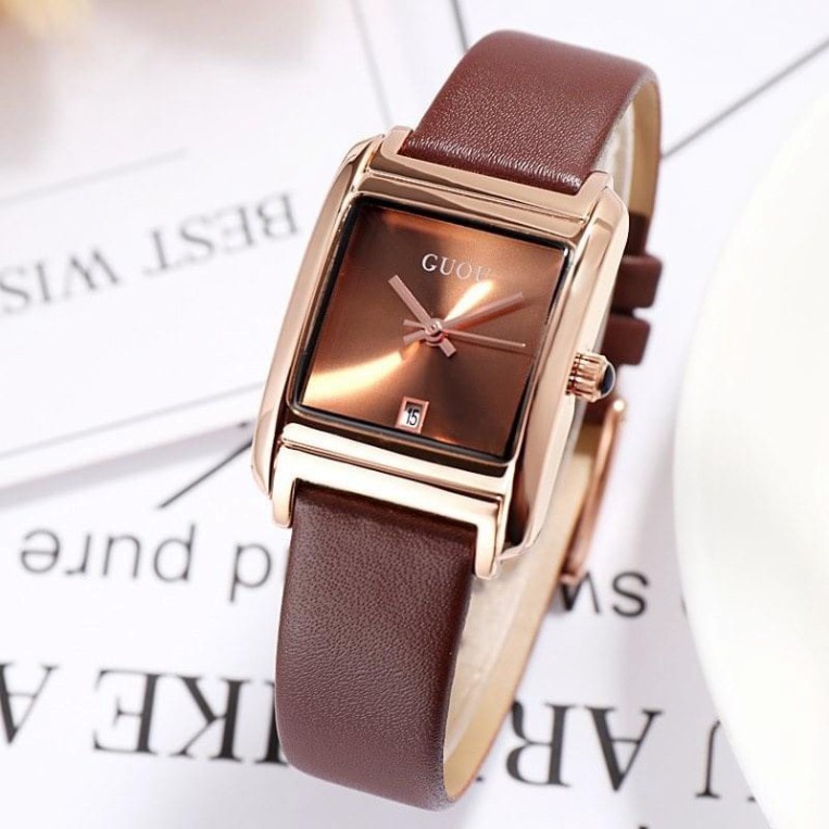 Đồng hồ G.u.o.u dây da mềm thiết kế mặt vuông sang trọng đeo sáng tay hàng loại 1