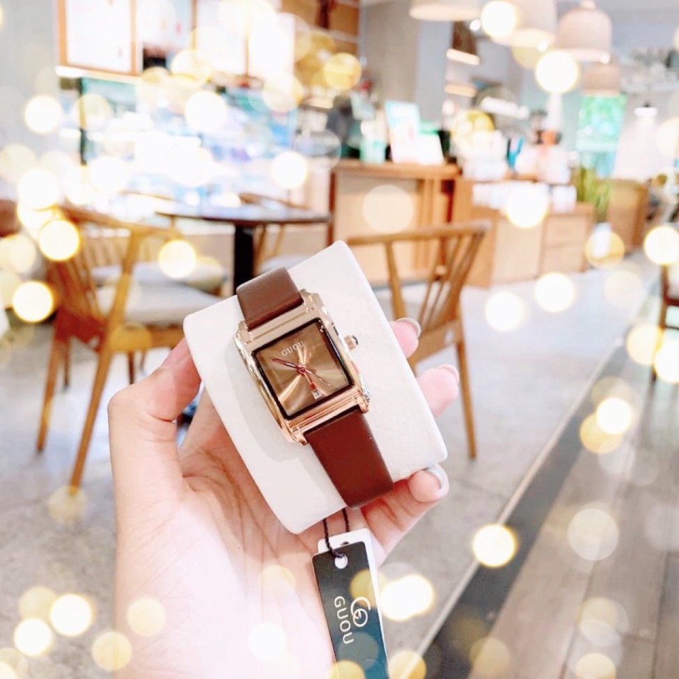 Đồng hồ G.u.o.u dây da mềm thiết kế mặt vuông sang trọng đeo sáng tay hàng loại 1