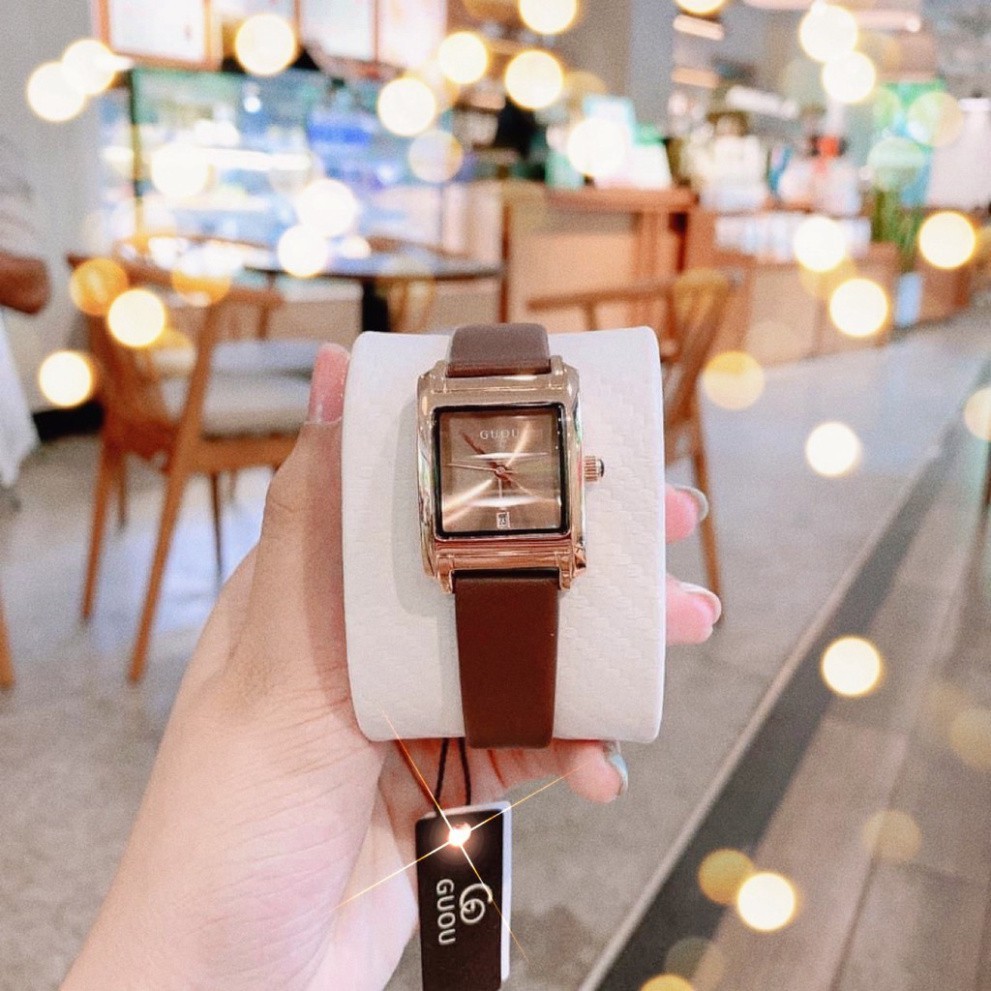 Đồng hồ G.u.o.u dây da mềm thiết kế mặt vuông sang trọng đeo sáng tay hàng loại 1
