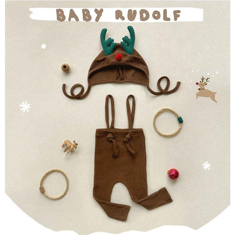 Quần yếm len Hàn Quốc Noel Họa Tiết Chú Tuần Lộc Kèm Mũ 2 màu đỏ nâu Cho Bé từ 3 tháng tuổi