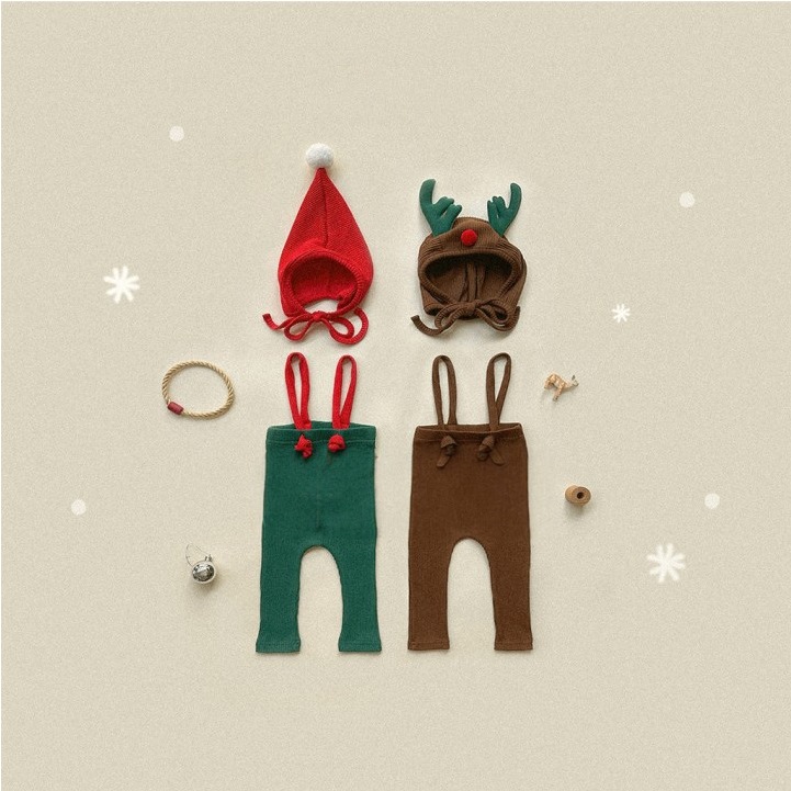 Quần yếm len Hàn Quốc Noel Họa Tiết Chú Tuần Lộc Kèm Mũ 2 màu đỏ nâu Cho Bé từ 3 tháng tuổi