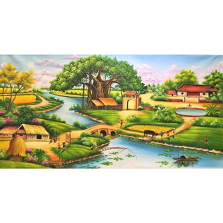 Tranh gắn đá toàn bộ  tự làm  in theo yêu cầu - Tranh phong cảnh làng quê
