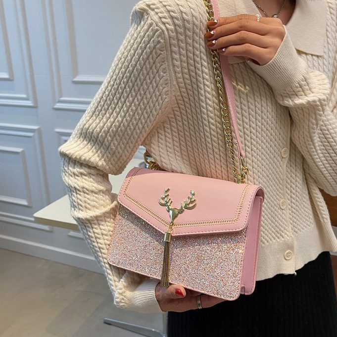 Giỏ , Túi Xách Nữ Da Phủ Kim Tuyến Hình Hươu , Đeo chéo , Đeo Vai , Thời Trang công sở , Hàn Quốc , cao cấp