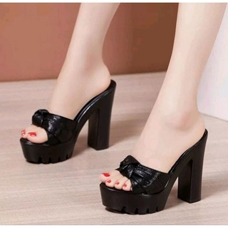 Dép cao gót đế thô nơ cuộn hở mũi gót 9f