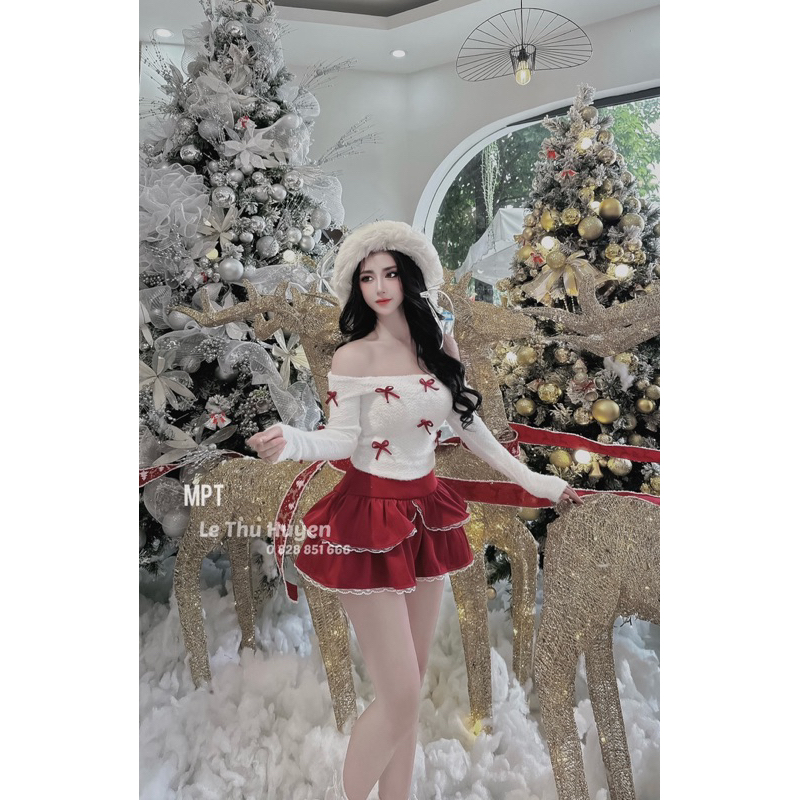 Set chơi giáng sinh noel, áo len lông thỏ trễ vai phối chân váy tầng xoè, chuẩn hàng MPT, sắc đỏ sexy a12