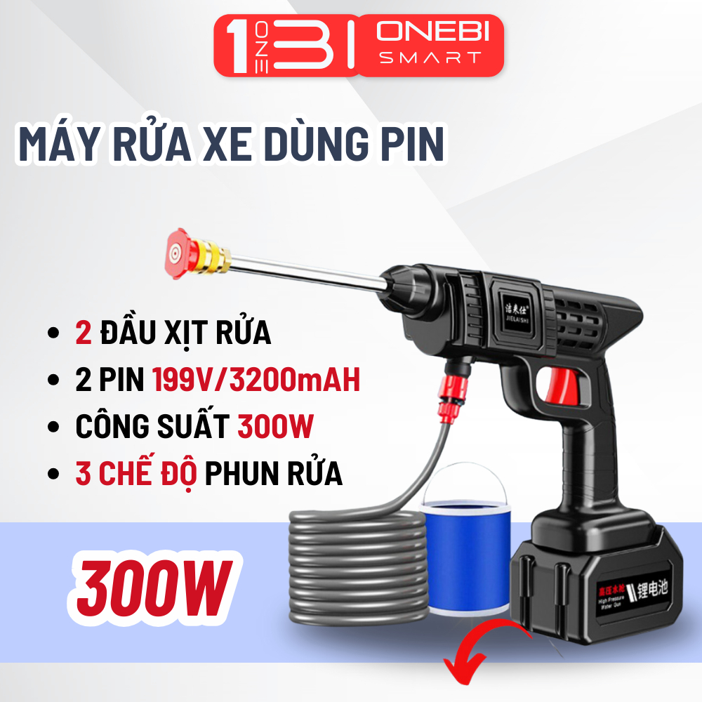 Máy Rửa Xe Cao Áp Mini ONEBI Cầm Tay Đa Năng Pin Max Lithium 199V Áp Lực Nước Siêu Mạnh Tiện Lợi