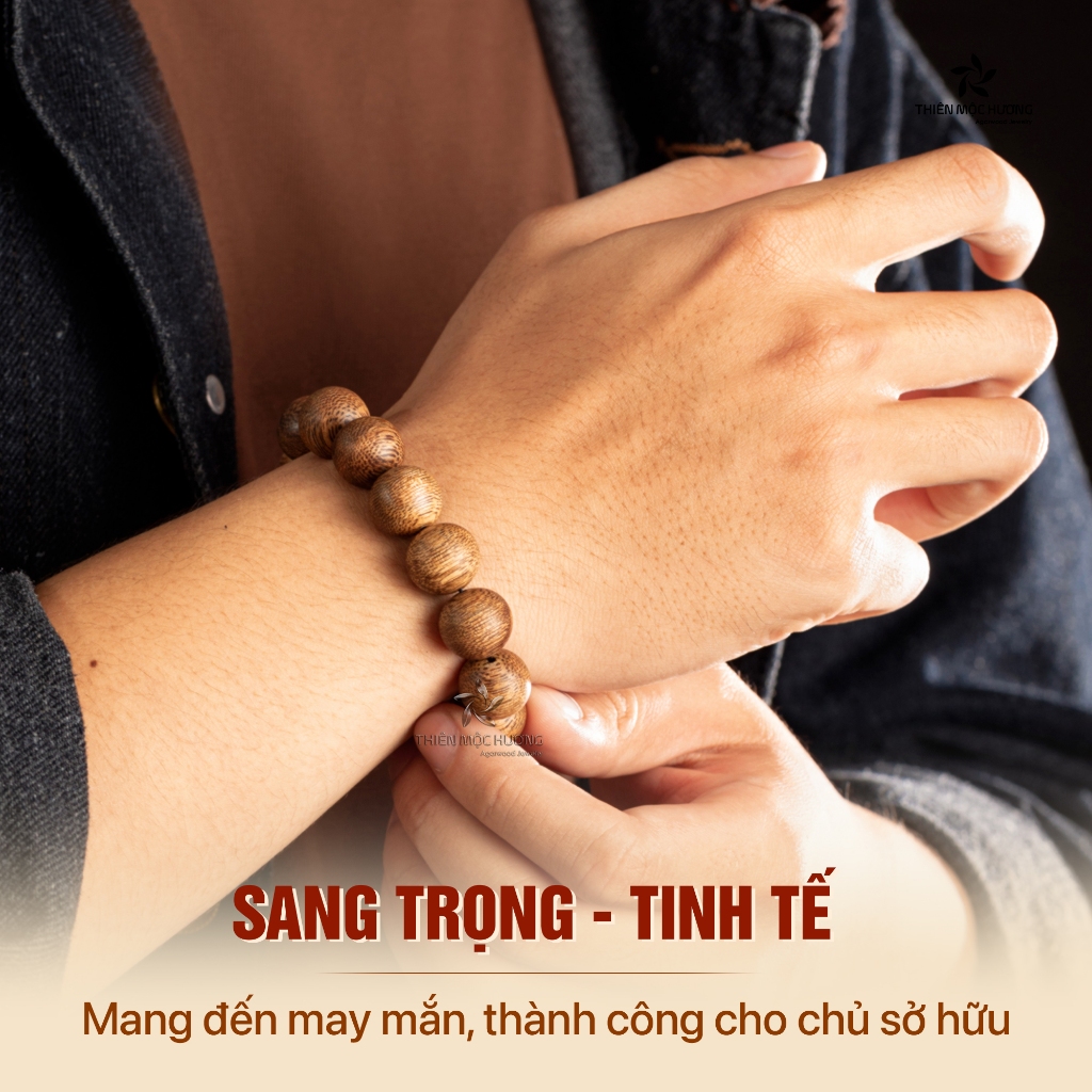 Vòng tay trầm hương tự nhiên tròn đơn tốc Việt Nam THIÊN MỘC HƯƠNG thành công, giàu sang, thuận lợi 12-14 năm tích trầm