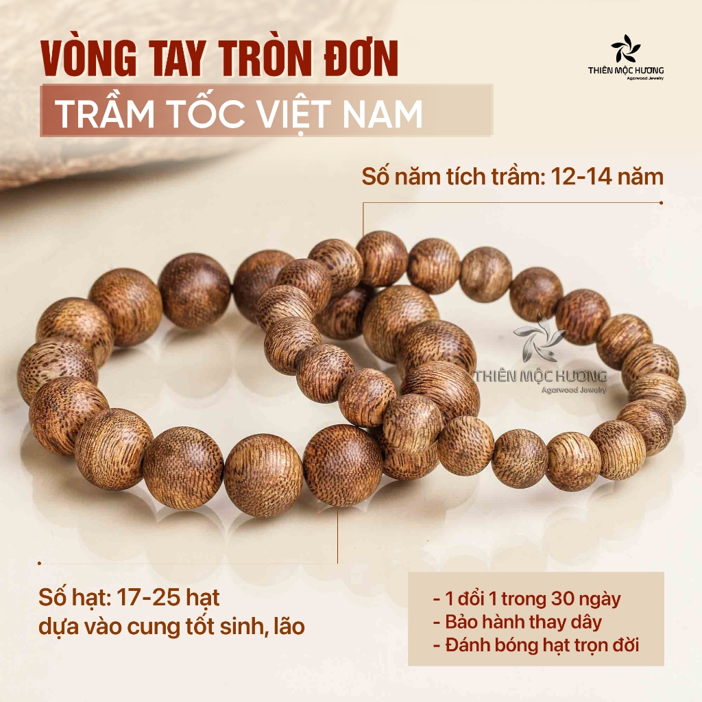 Vòng tay trầm hương tự nhiên tròn đơn tốc Việt Nam THIÊN MỘC HƯƠNG thành công, giàu sang, thuận lợi 12-14 năm tích trầm